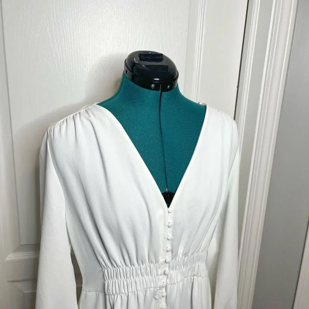 Zara Midi V Neck Button Down Front Smocked Polyester Textured Long Sleeve Dress - Picture 5 of 15